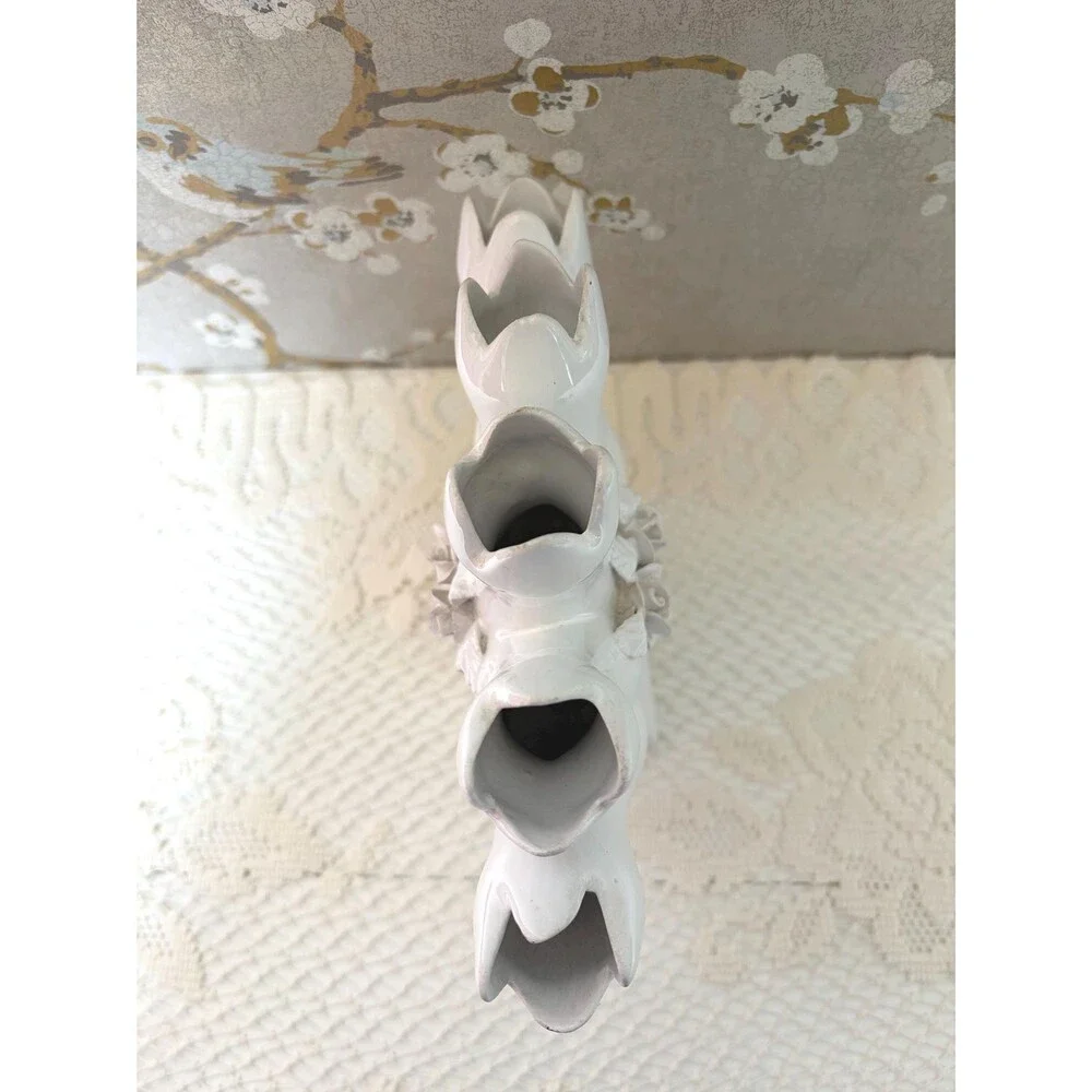 ELPA Alcobaca White Ceramic 5 Finger Tulipiere Bud Vase Rose Portugal Vintage